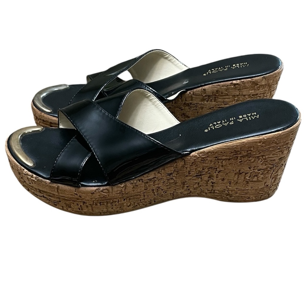 Mila Paoli  Womens Made In Italy Black And Gold Cork Wedges size 7-1/2
